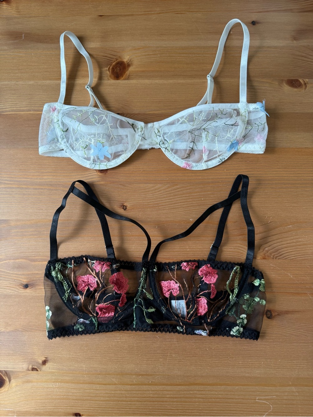Floral Embroidered Sheer Bralette Set - White & Black, Fairy Balconette Bras